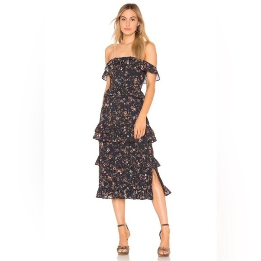Tularosa Lily Floral gingham MIDI Ruffle Tiered Off Shoulder Dress XS
